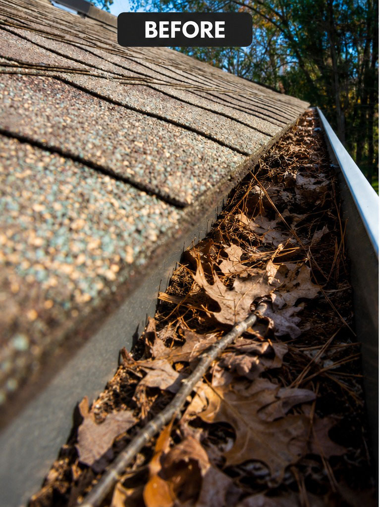 Gutter filled with leaves before cleaning