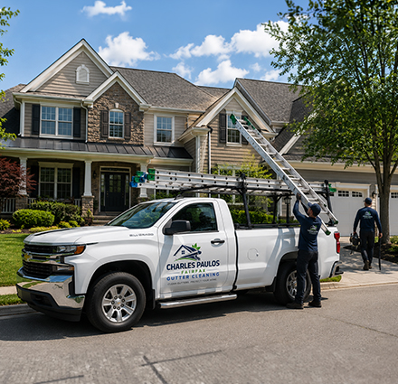 Workers beginning to work on cleaning gutters at a home.